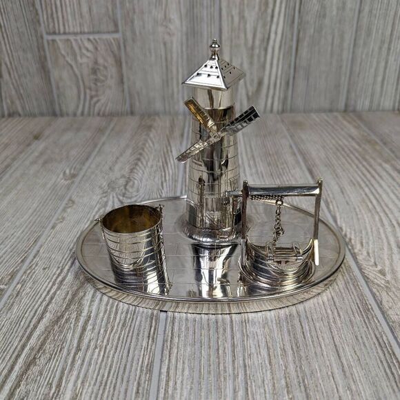 Victorian Silver Plated Novelty Cruet Set with Engraved Windmill Style Pepper Po - Picture 1 of 15
